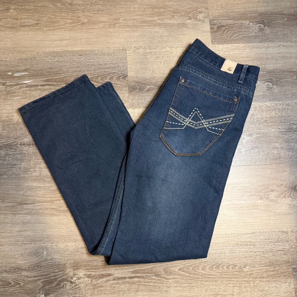 Y2K Emcee Premium Denim Mens 34x34 Dark Wash Straight Leg Embroidered Jeans‎